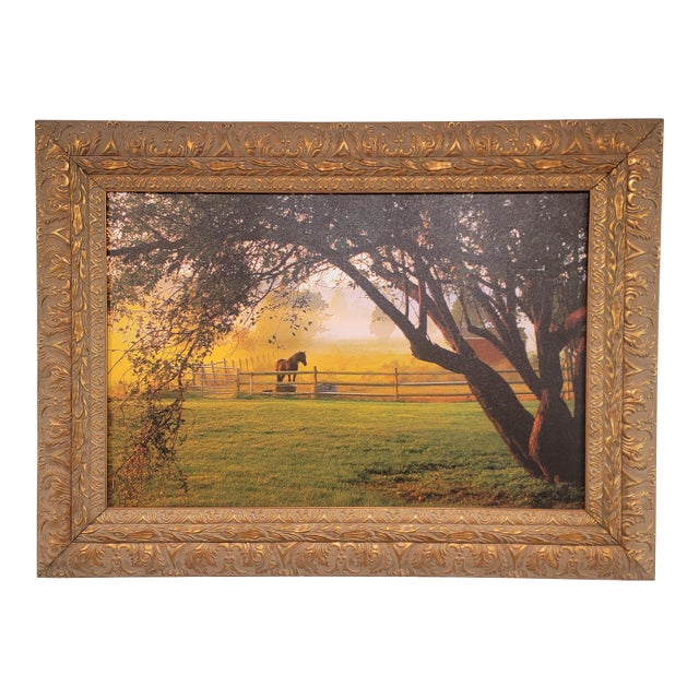 Large Framed Horse Pasture Canvas Photograph in Ornate Antiqued Gold Frame For Sale