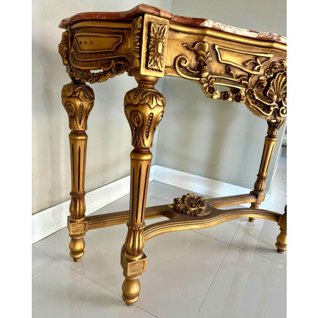 Gold French Style Console Table – Multicolor Marble Top For Sale - Image 8 of 10