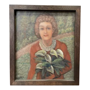 Circa 1940s French Portrait Oil Painting of a Woman with Calla Lilies, Framed
