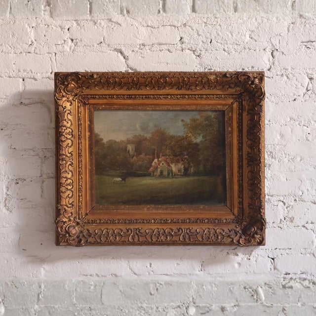 This 19th century English painting on canvas, dated circa 1870, depicts a serene countryside landscape with soft...