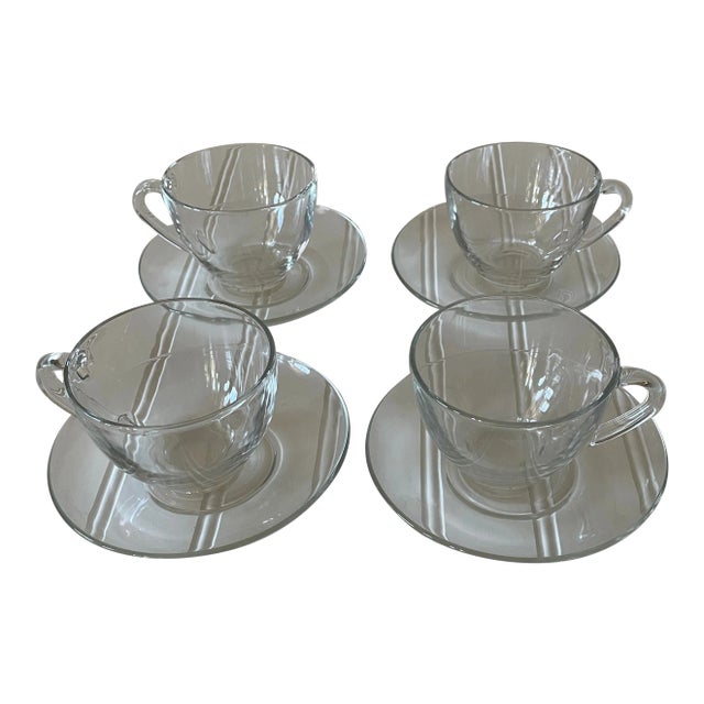 1990s Classique Clear Coupe Cup and Saucer Set by Arcoroc France - Set for 4 For Sale