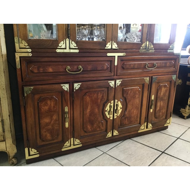 Vintage Bernhardt Campaign Asian Inspired Brass Glass Shelf China