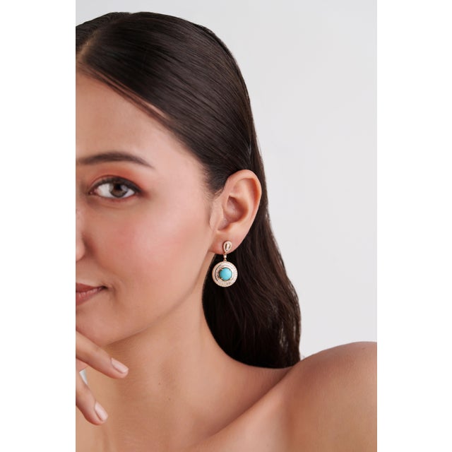 Not Yet Made - Made To Order Luxury 14k Gold Turquoise & Diamond Double Halo Drop Earrings, 3.07ct- A Pair For Sale - Image 5 of 14