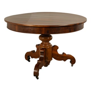 Antique Round Carved French Empire Walnut Pedestal Dining Center Table 1850 For Sale