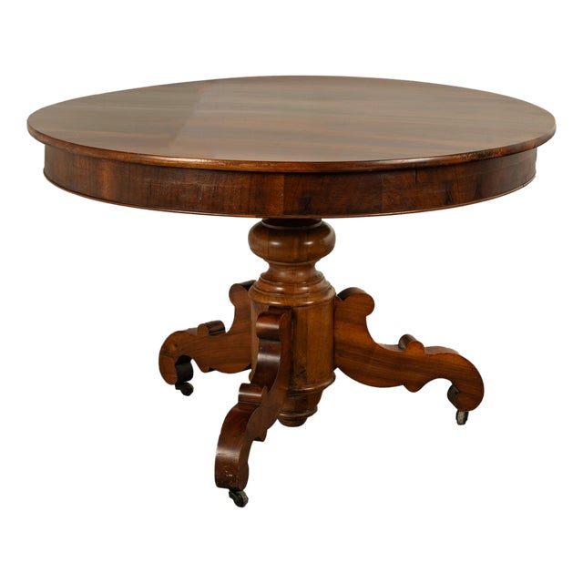 Antique Round Carved French Empire Walnut Pedestal Dining Center Table 1850 For Sale