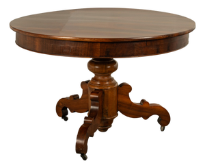 Antique Round Carved French Empire Walnut Pedestal Dining Center Table 1850