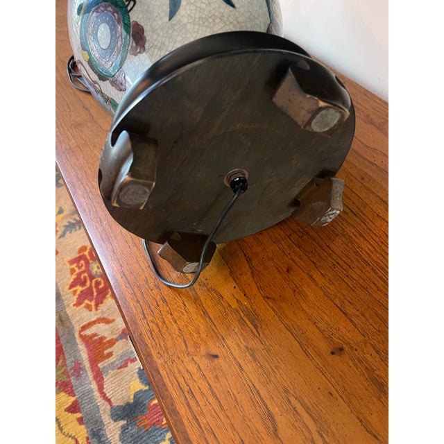 Vintage Chinoiserie Crackle Glaze Ceramic Table Lamp With Carved Wood Base For Sale - Image 10 of 12