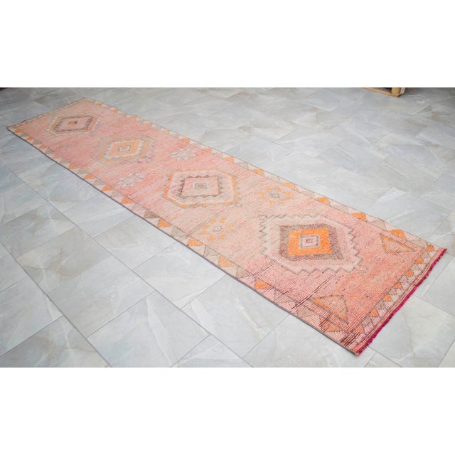 Hand-Knotted Turkish Runner Rug . Low Pile Hallway Kitchen Decor - 3′ × 12′3″ For Sale - Image 17 of 18