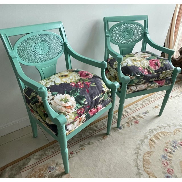 Vintage French Provincial Upholstered Cane Chairs (Pair) features a beautiful backrest with inlaid cane panel in a...