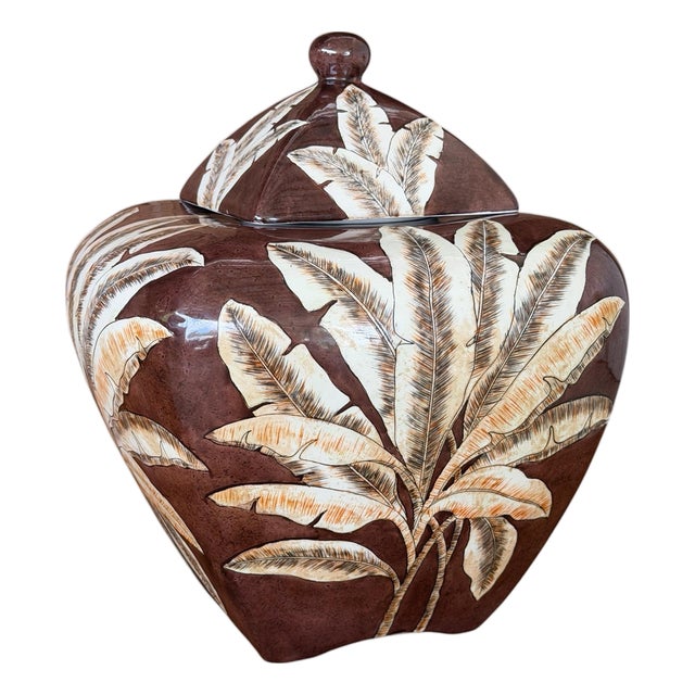 Monumental Tropical Banana Leaf Porcelain Ginger Jar For Sale