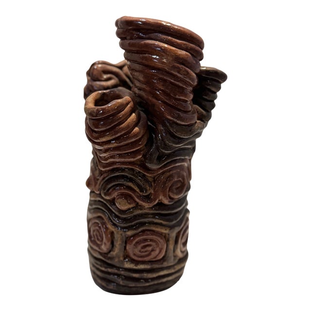 Mid 20th Century Handcrafted Clay Swirl Sculptural Vase With Four Openings For Sale