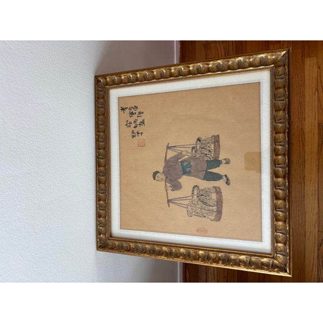 Asian Antique Framed Chinese Woodblock Watercolor Painting on Rice Paper Depicting a Traditional Street Vendor From the Qing Dynasty Era For Sale - Image 3 of 5