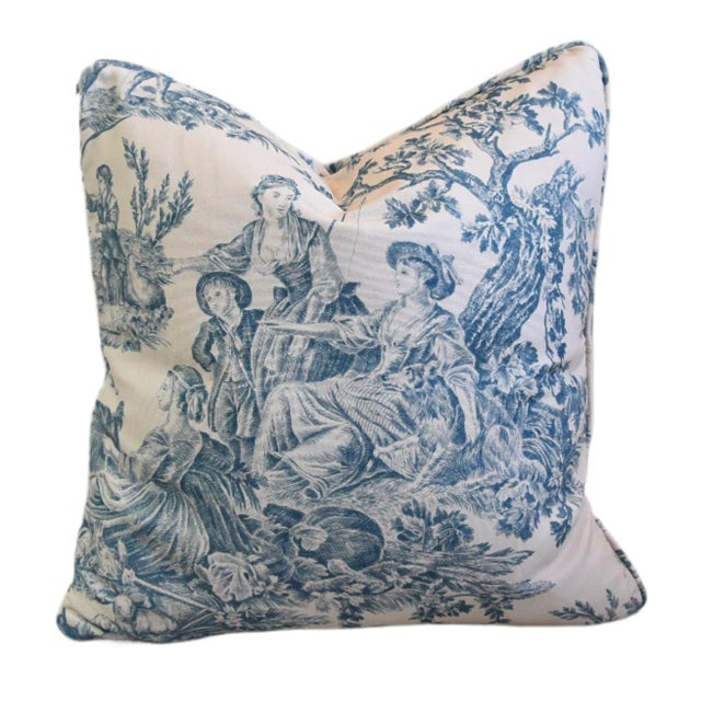 French Provincial French Blue Countryside Pastoral Toile Feather/Down Double Sided Pillow For Sale - Image 3 of 7