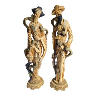 Vintage Carved Resin Asian Pair of Chinese Figures Statues Man & Woman For Sale