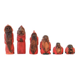 Vintage Hand Carved Wood Folk Art Figurines S/6 For Sale