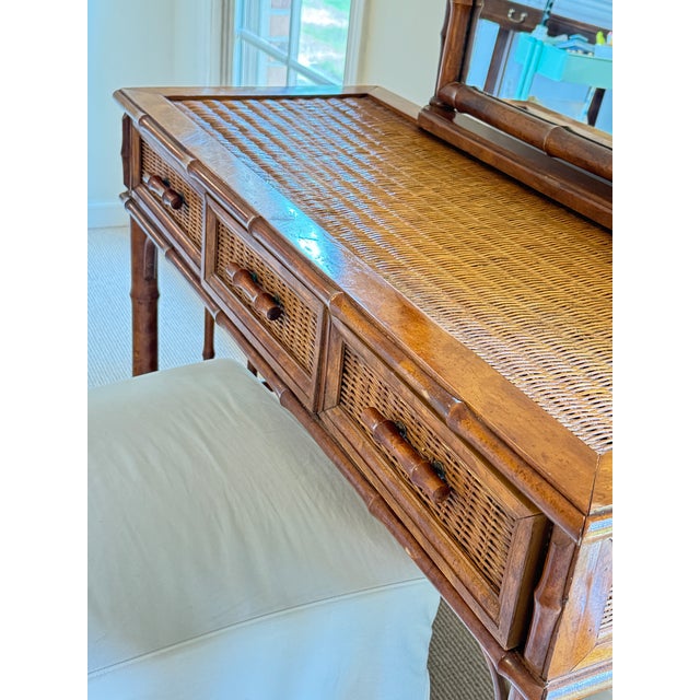 American of Martinsville Vintage Coastal Faux Bamboo Rattan Vanity Desk Console With Detachable Mirror For Sale - Image 9 of 17