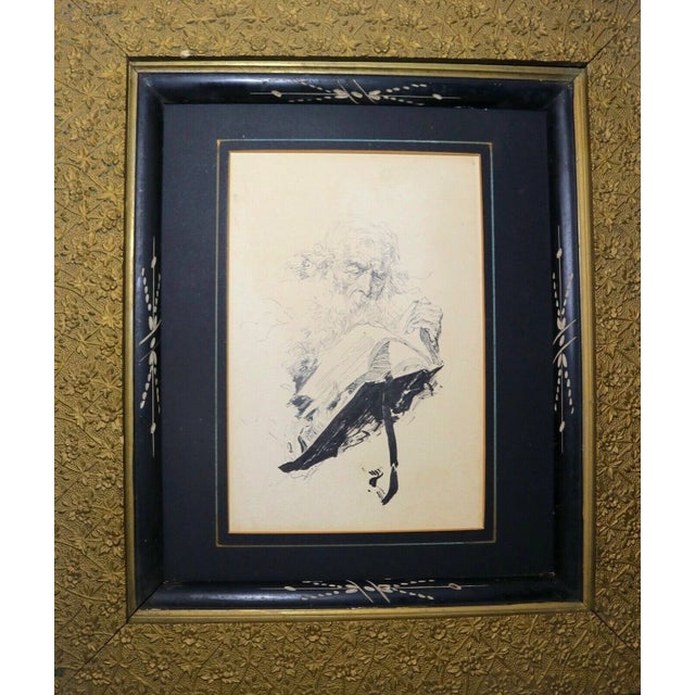 19th Century Antique 1800's Victorian Religious Jewish Rabbi Portrait Ink Drawing Framed Art For Sale - Image 5 of 12
