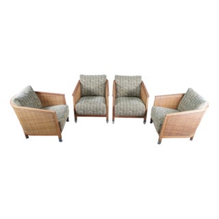 4 1980s Mid Century Modern Attributed to Antonio Citterio Flexform Mozart Walnut Rattan Arm Chairs For Sale