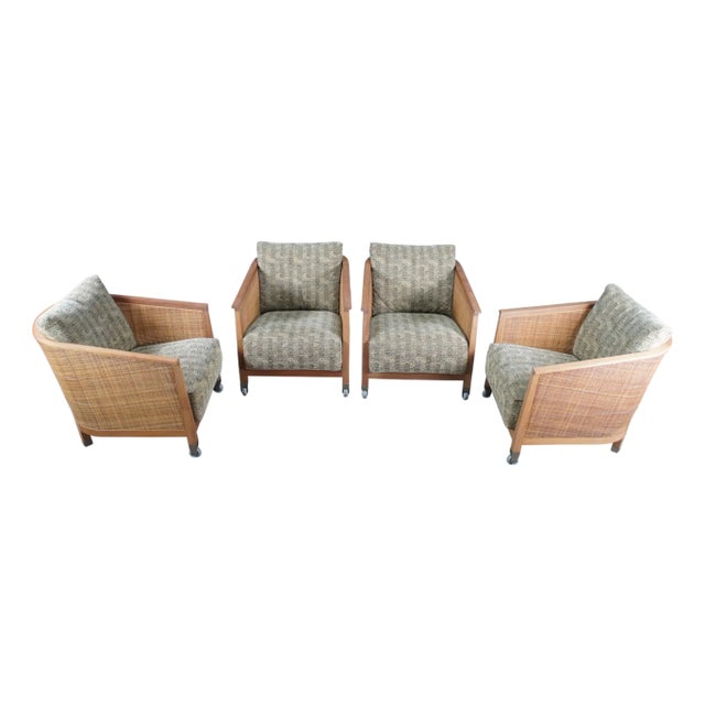 4 1980s Mid Century Modern Attributed to Antonio Citterio Flexform Mozart Walnut Rattan Arm Chairs For Sale