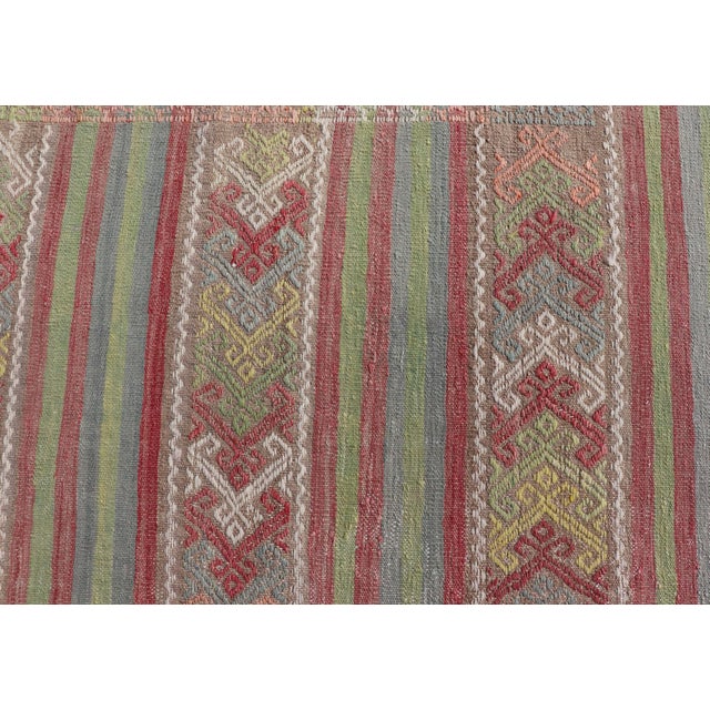 Textile Colorful Vintage Embroidered Kilim With Stripes and Alternating Geometric Motifs For Sale - Image 7 of 12