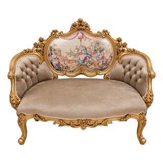 French Louis XV Style Settee – Hand-Gilded Gold Leaf Frame With Romantic Aubusson-Style Tapestry & Beige Velvet For Sale