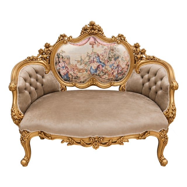 French Louis XV Style Settee – Hand-Gilded Gold Leaf Frame With Romantic Aubusson-Style Tapestry & Beige Velvet For Sale