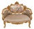 French Louis XV Style Settee – Hand-Gilded Gold Leaf Frame With Romantic Aubusson-Style Tapestry & Beige Velvet For Sale