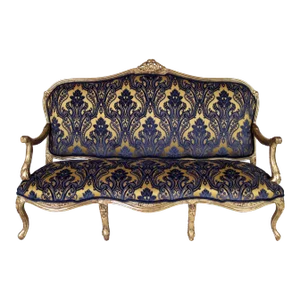 Gilded Louis XV Navy Damask Velvet Sofa