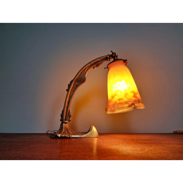 Muller Frères Art Deco Gilt Bronze and Marble Glass Desk Lamp from Muller Frères, 1920s For Sale - Image 4 of 18