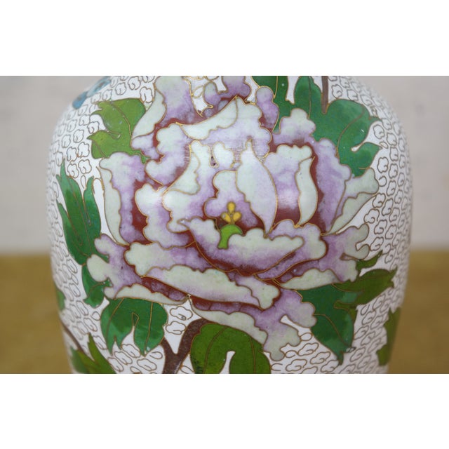 Metal Chinese Brass Cloisonne Enamel Chrysanthemum Peony Bud Vase 9" For Sale - Image 7 of 13