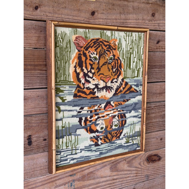 Vintage Boho Safari Tiger Needlepoint Wall Art in Bamboo Trim Frame For Sale - Image 12 of 12