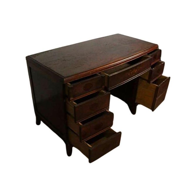Brown Early 20th-Century Mahogany Nine-Drawer Pedestal Desk With Decorative Inlay For Sale - Image 8 of 8
