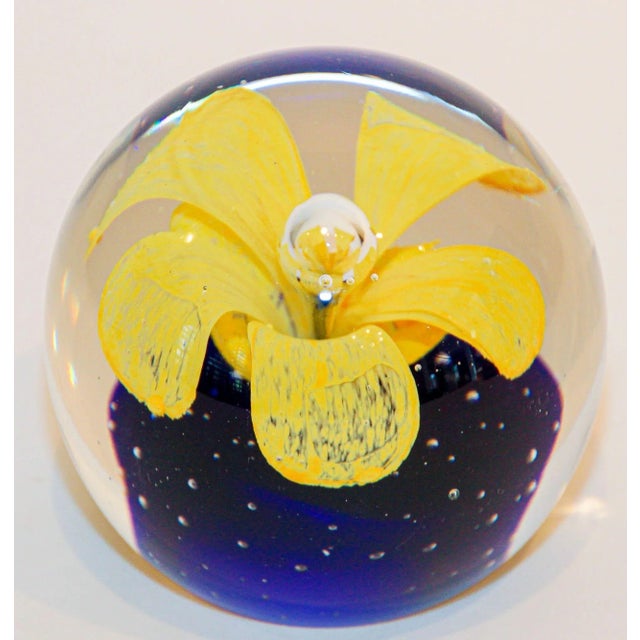 Vintage Murano Hand Blown Paperweight Yellow Flower with Blue Collectible Art Glass. Beautiful heavy large glass...
