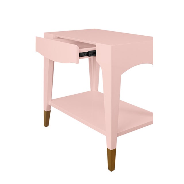 2020s Matthew Izzo Home Ronny Glossy Light Pink One Drawer Side Table With Antique Brass Foot Caps For Sale - Image 5 of 6