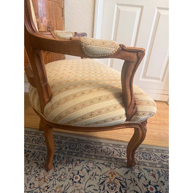 High Quality French Style Solid Wood Carved Armchair with Custom Striped Upholstery. Louis XV Style Walnut Carved...