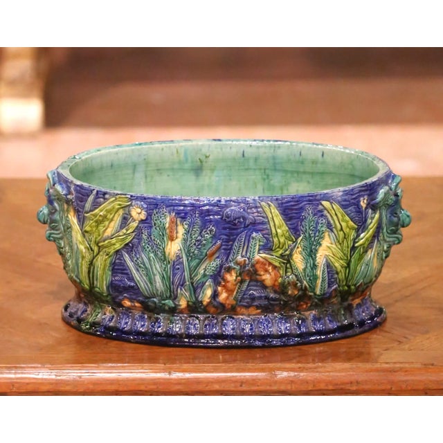 19th Century French Majolica Barbotine Cache Pot With Maskaron Handles For Sale - Image 4 of 11
