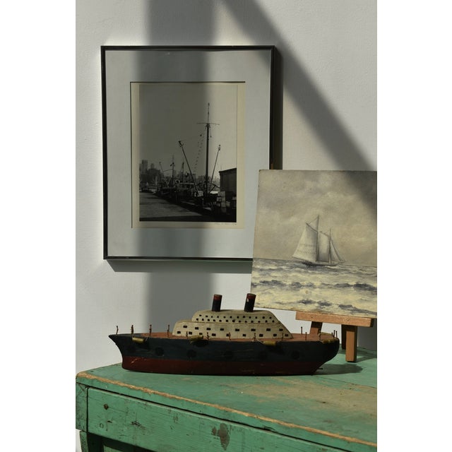 Vintage Folk Art Ship Sculpture, Circa 1930s. Fantastic folk art ocean liner with stacked wood body construction and wood...