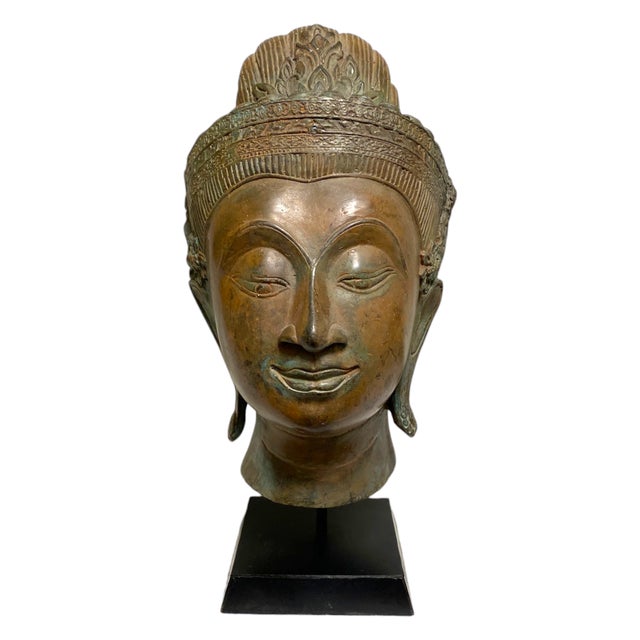 Thai Bronze Buddha Head Statue Vintage Ayutthaya Style Bust Sculpture Decor For Sale - Image 18 of 18