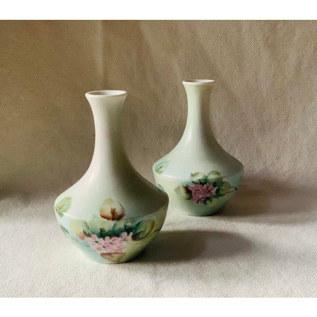 French Pair of Antique French Porcelain Hand-Painted Bud Vases — Celadon, Pink Roses & Peaches, C. 1900 For Sale - Image 3 of 6