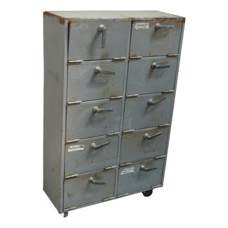 Vintage Industrial Metal Cabinet with 10 Fold-Down Doors on Casters, 1950s For Sale