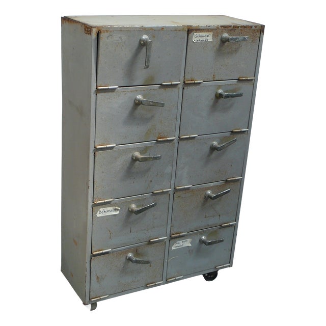 Vintage Industrial Metal Cabinet with 10 Fold-Down Doors on Casters, 1950s For Sale