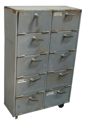 Vintage Industrial Metal Cabinet with 10 Fold-Down Doors on Casters, 1950s