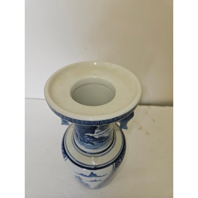 Japanese Signed Vintage Blue and White Hand Painted Japanese Vase With Landscapes and Fish Handles For Sale - Image 3 of 7