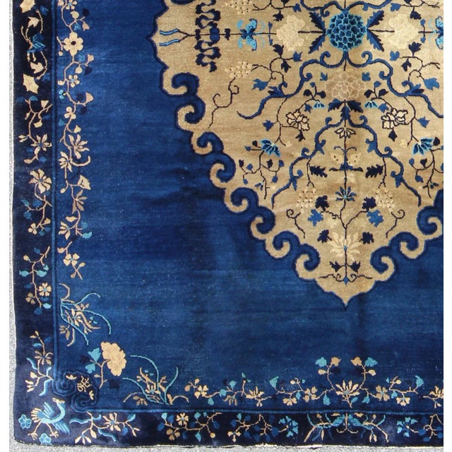 Chinese Antique Chinese Peking Rug in Royal Blue and Golden Camel Medallion For Sale - Image 3 of 9