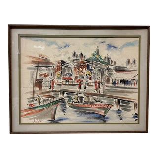 Ali Original Watercolor of San Francisco's Fishermans Wharf, Framed For Sale