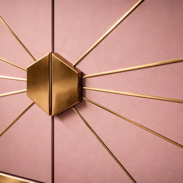 Wood Geometric Pink Opaline Glass Sideboard with Brass Accents from Justfurnituress SRL For Sale - Image 7 of 18