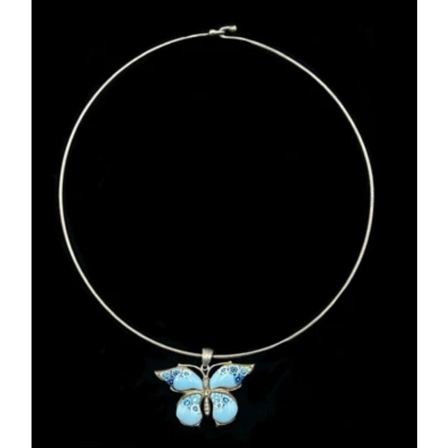 Art Nouveau Sterling Alan K Millefiori Murano Glass Butterfly Pendant Omega Necklace 925 Silver For Sale - Image 3 of 5