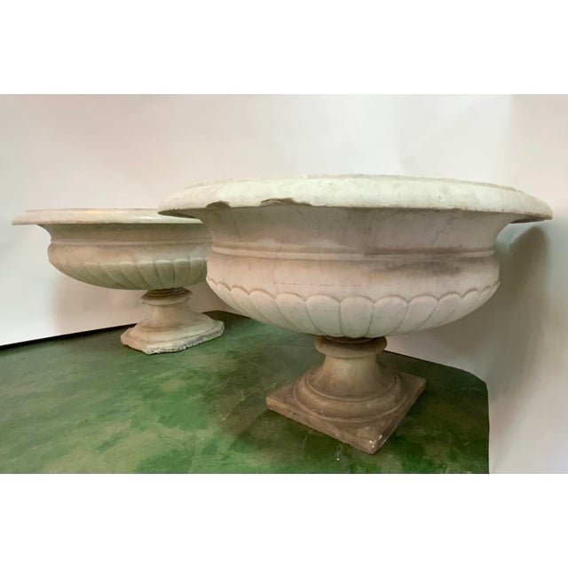1900 - 1909 Grand Scale Hand Carved Marble Urns - a Pair For Sale - Image 5 of 13