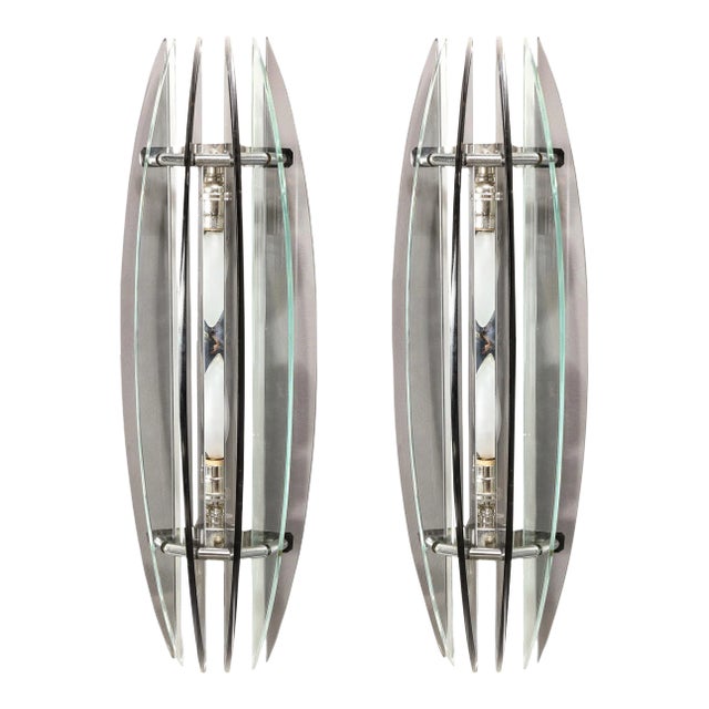 Pair of Mid-Century Modernist Curved Smoked Glass & Chrome Sconces by Veca For Sale