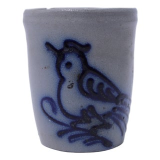 1980s Blue Stoneware Cup W. Bird Design For Sale